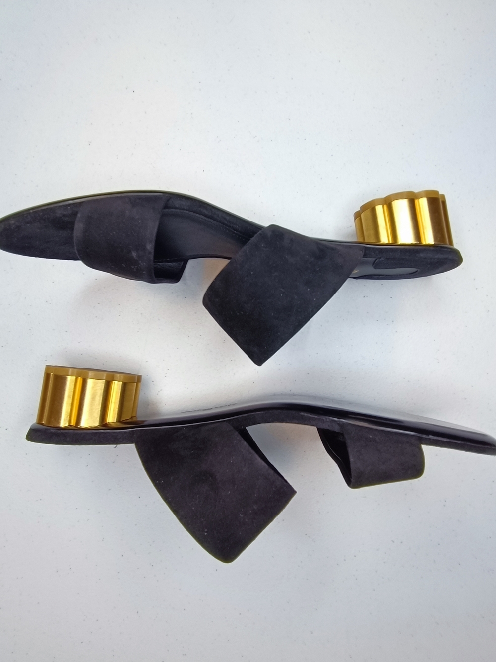Salvatore Ferragamo Belluno Black Suede Slide Sandals Gold Flower Heel Size 9.5C - Picture 2 of 15